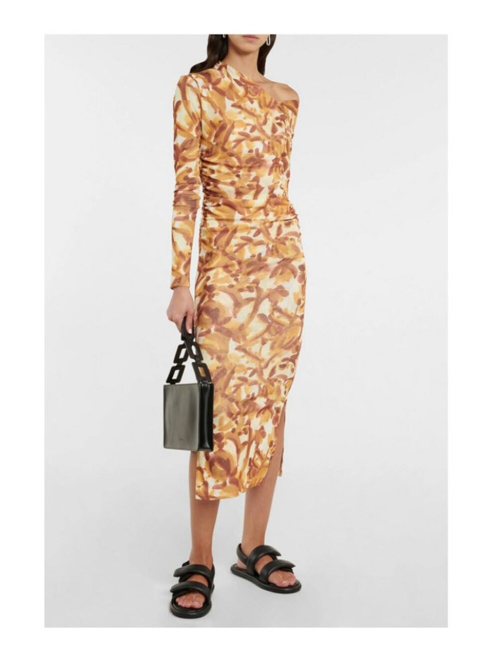 Nanushka Jasno Ruched Mesh Midi Dress in Botanic Aquarelle Sz XS